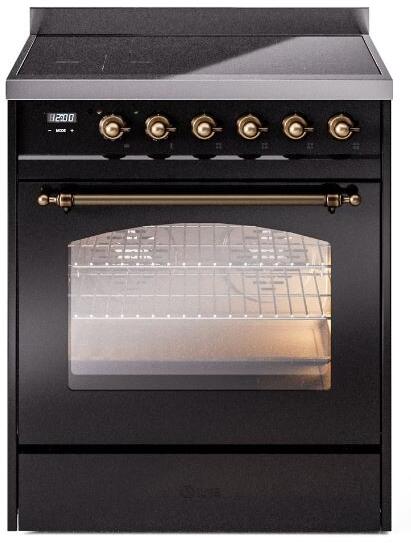 ILVE Nostalgie II 30-Inch Electric Induction Range, Freestanding, Glossy Black with Burnished Bronze Trim (UPI304NMPBKB)