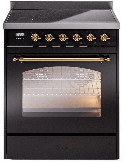 ILVE Nostalgie II 30-Inch Electric Induction Range, Freestanding, Glossy Black with Brass Trim (UPI304NMPBKG)