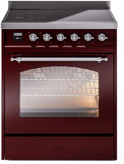 ILVE Nostalgie II 30-Inch Electric Induction Range, Freestanding, Burgundy with Chrome Trim (UPI304NMPBUC)