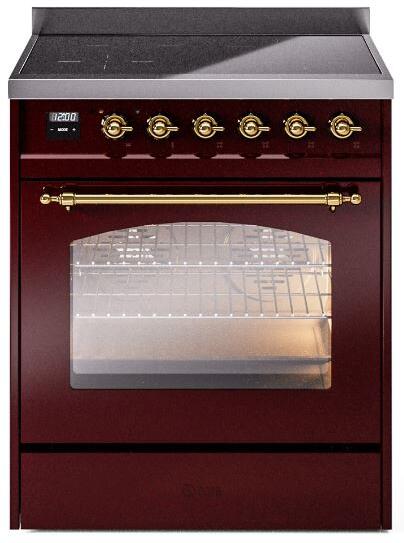 ILVE Nostalgie II 30-Inch Electric Induction Range, Freestanding, Burgundy with Brass Trim (UPI304NMPBUG)