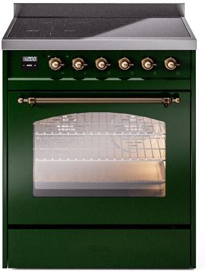 ILVE Nostalgie II 30-Inch Electric Induction Range, Freestanding, Emerald Green with Burnished Bronze Trim (UPI304NMPEGB)