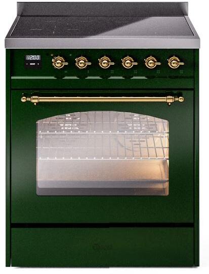 ILVE Nostalgie II 30-Inch Electric Induction Range, Freestanding, Emerald Green with Brass Trim (UPI304NMPEGG)