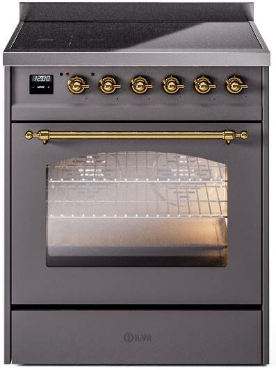 ILVE Nostalgie II 30-Inch Electric Induction Range, Freestanding, Matte Graphite with Brass Trim (UPI304NMPMGG)