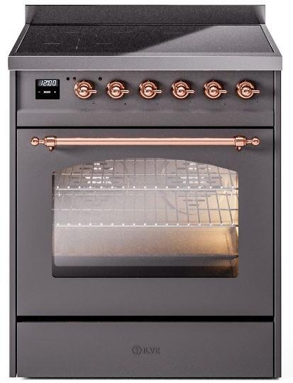 ILVE Nostalgie II 30-Inch Electric Induction Range, Freestanding, Matte Graphite with Copper Trim (UPI304NMPMGP)