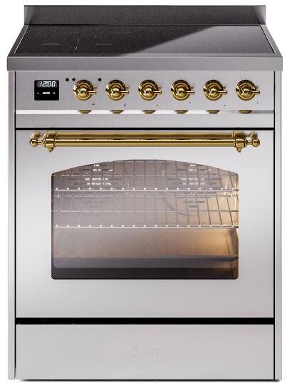 ILVE Nostalgie II 30-Inch Electric Induction Range, Freestanding, Stainless Steel with Brass Trim (UPI304NMPSSG)