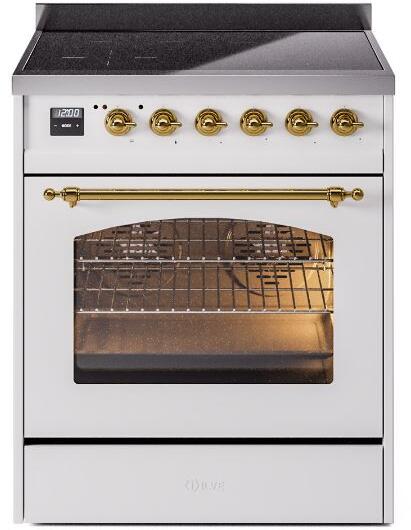 ILVE Nostalgie II 30-Inch Electric Induction Range, Freestanding, White with Brass Trim (UPI304NMPWHG)