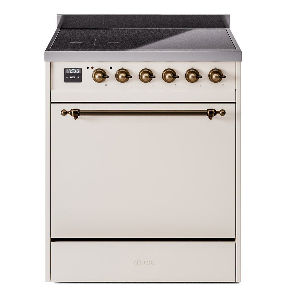 ILVE 30-Inch Nostalgie II Induction Range with Solid Door Oven in Antique White with Burnished Bronze Trim (UPI304QNMPAWB)