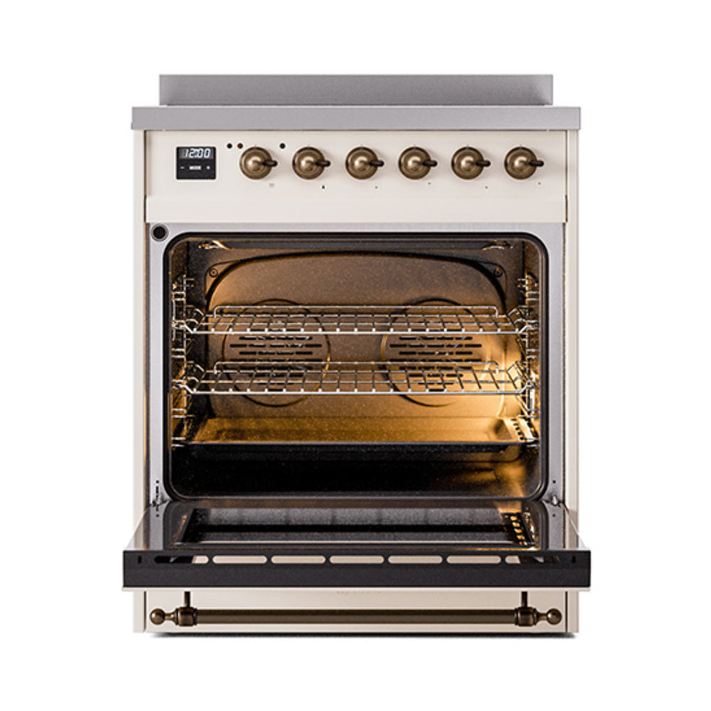 ILVE 30-Inch Nostalgie II Induction Range with Solid Door Oven in Antique White with Burnished Bronze Trim (UPI304QNMPAWB)