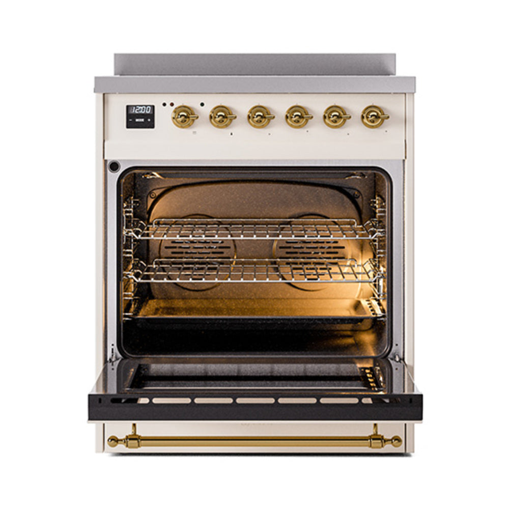 ILVE 30-Inch Nostalgie II Induction Range with Solid Door Oven in Antique White with Brass Trim (UPI304QNMPAWG)