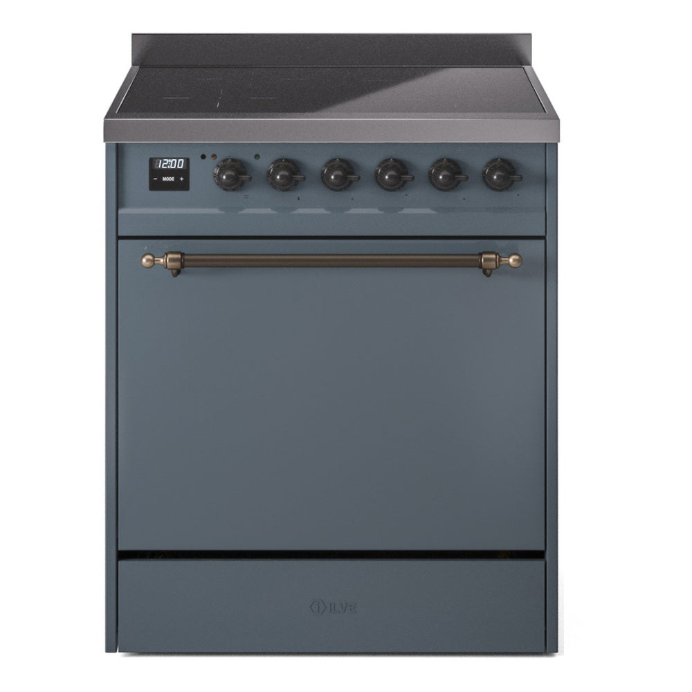 ILVE 30-Inch Nostalgie II Induction Range with Solid Door Oven in Blue Grey with Burnished Bronze Trim (UPI304QNMPBGB)