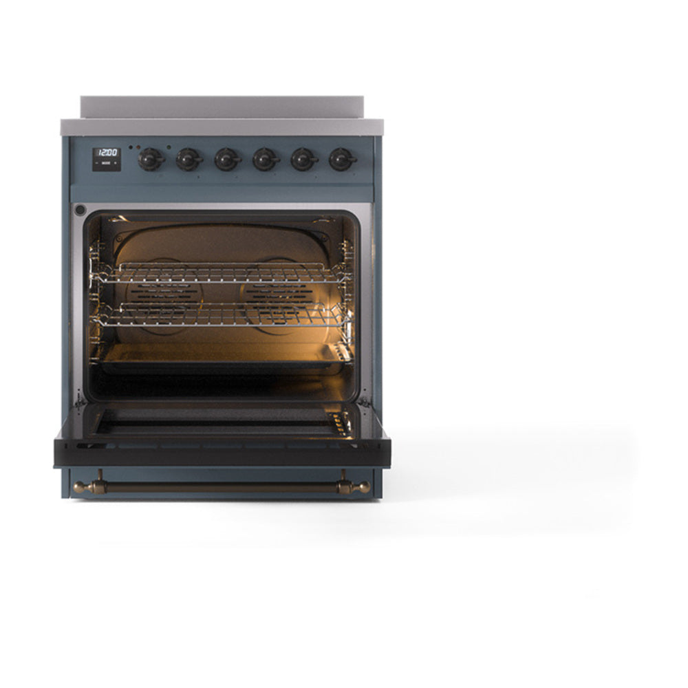 ILVE 30-Inch Nostalgie II Induction Range with Solid Door Oven in Blue Grey with Burnished Bronze Trim (UPI304QNMPBGB)