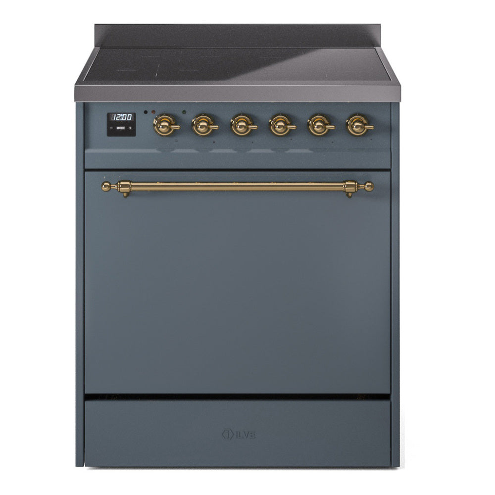 ILVE 30-Inch Nostalgie II Induction Range with Solid Door Oven in Blue Grey with Brass Trim (UPI304QNMPBGG)