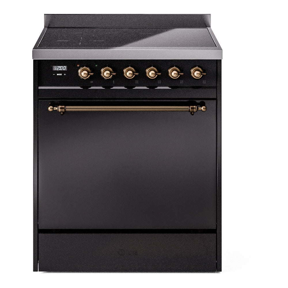 ILVE 30-Inch Nostalgie II Induction Range with Solid Door Oven in Glossy Black with Burnished Bronze Trim (UPI304QNMPBKB)