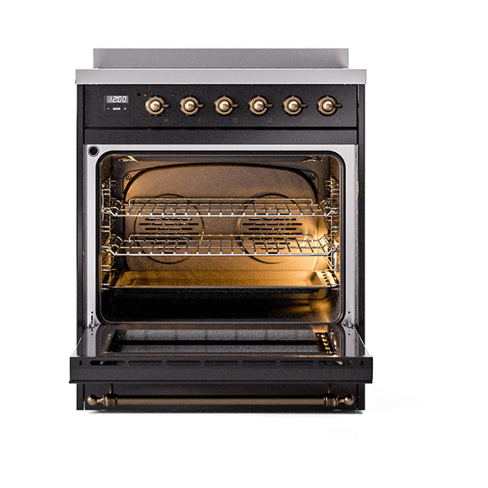 ILVE 30-Inch Nostalgie II Induction Range with Solid Door Oven in Glossy Black with Burnished Bronze Trim (UPI304QNMPBKB)