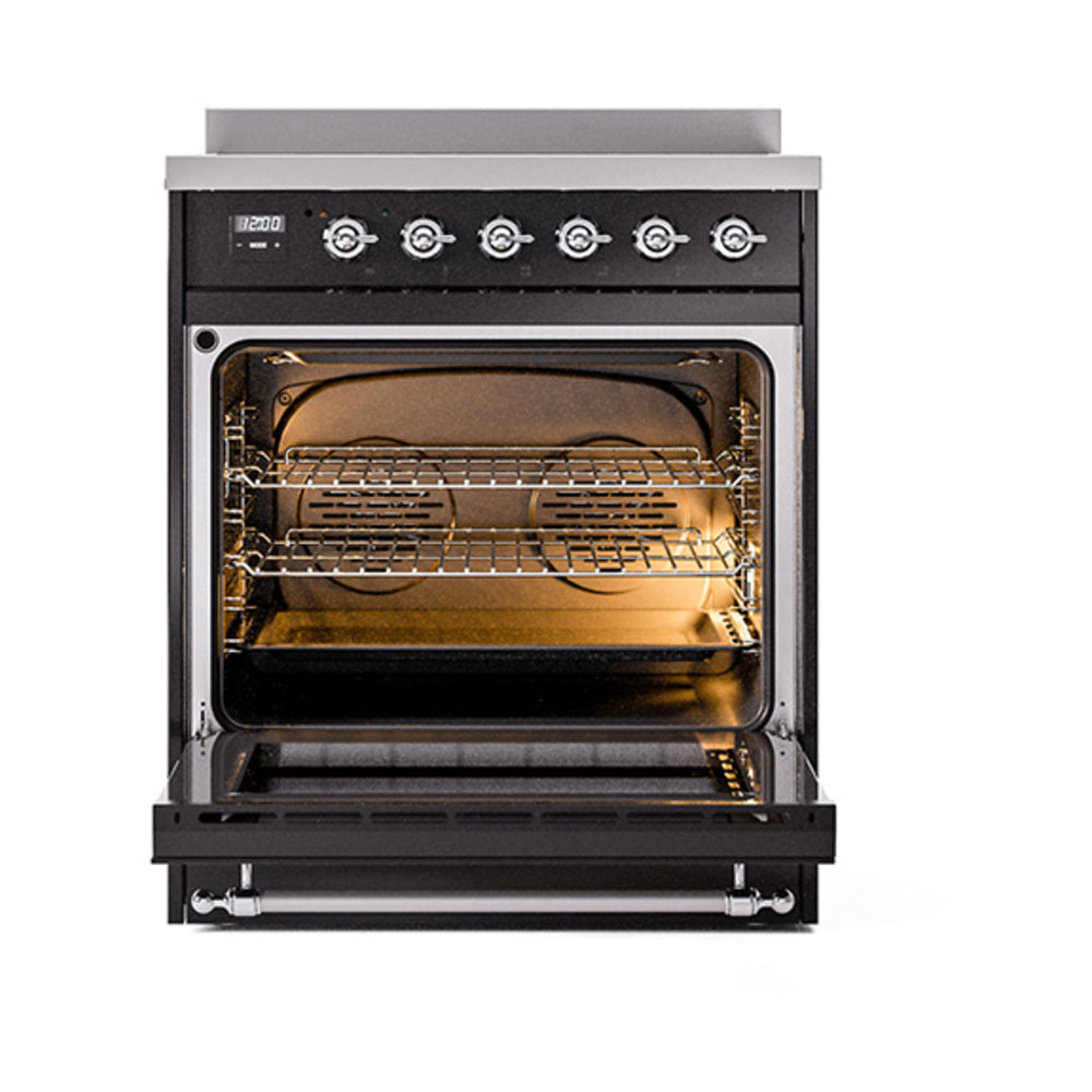 ILVE 30-Inch Nostalgie II Induction Range with Solid Door Oven in Glossy Black with Chrome Trim (UPI304QNMPBKC)