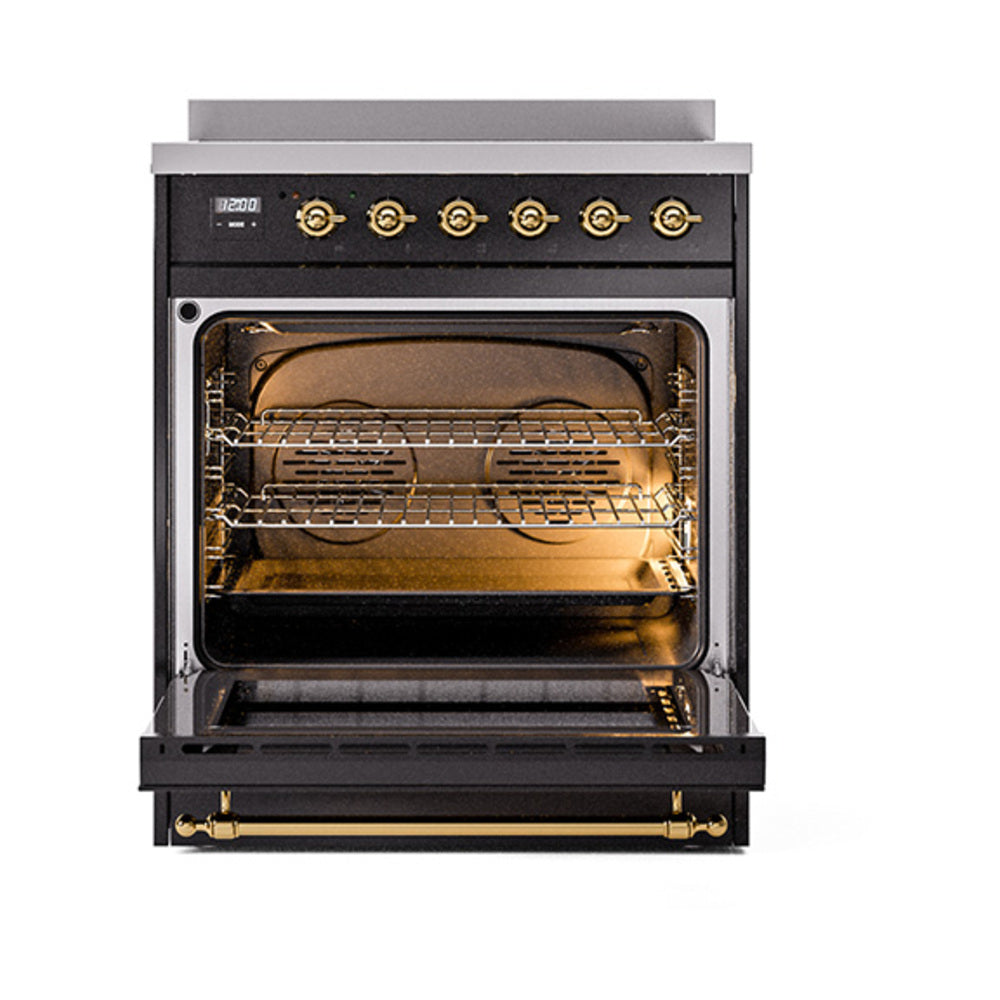 ILVE 30-Inch Nostalgie II Induction Range with Solid Door Oven in Glossy Black with Brass Trim (UPI304QNMPBKG)