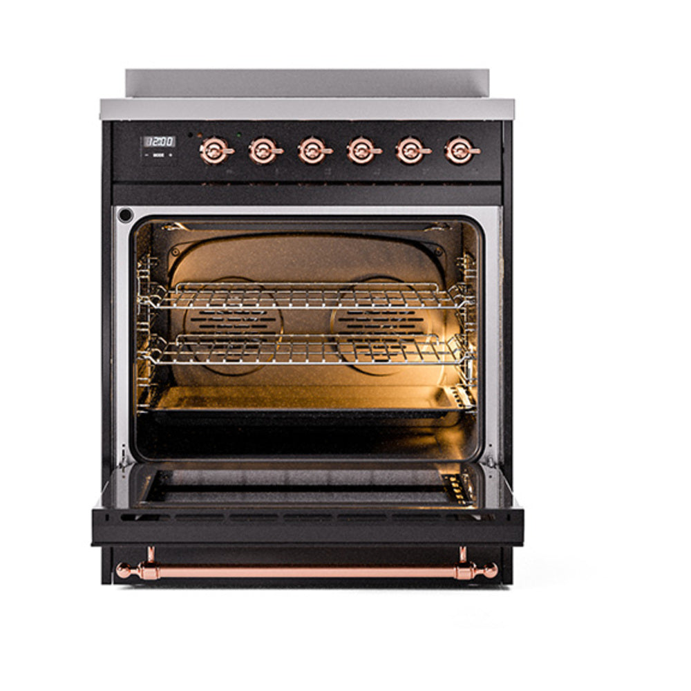 ILVE 30-Inch Nostalgie II Induction Range with Solid Door Oven in Glossy Black with Copper Trim (UPI304QNMPBKP)