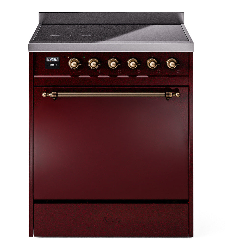 ILVE 30-Inch Nostalgie II Induction Range with Solid Door Oven in Burgundy with Burnished Bronze Trim (UPI304QNMPBUB)