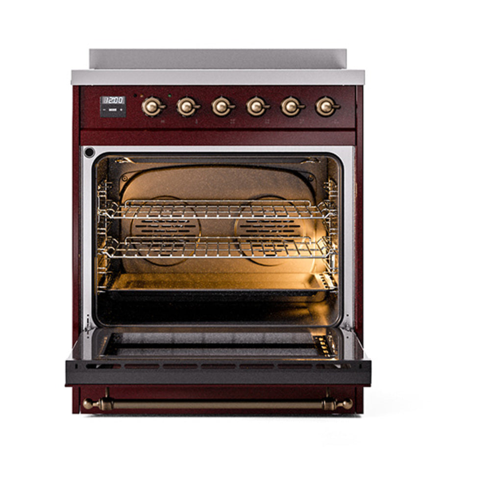ILVE 30-Inch Nostalgie II Induction Range with Solid Door Oven in Burgundy with Burnished Bronze Trim (UPI304QNMPBUB)