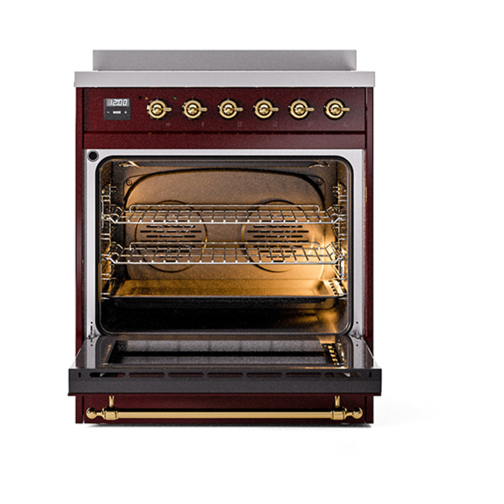 ILVE 30-Inch Nostalgie II Induction Range with Solid Door Oven in Burgundy with Brass Trim (UPI304QNMPBUG)