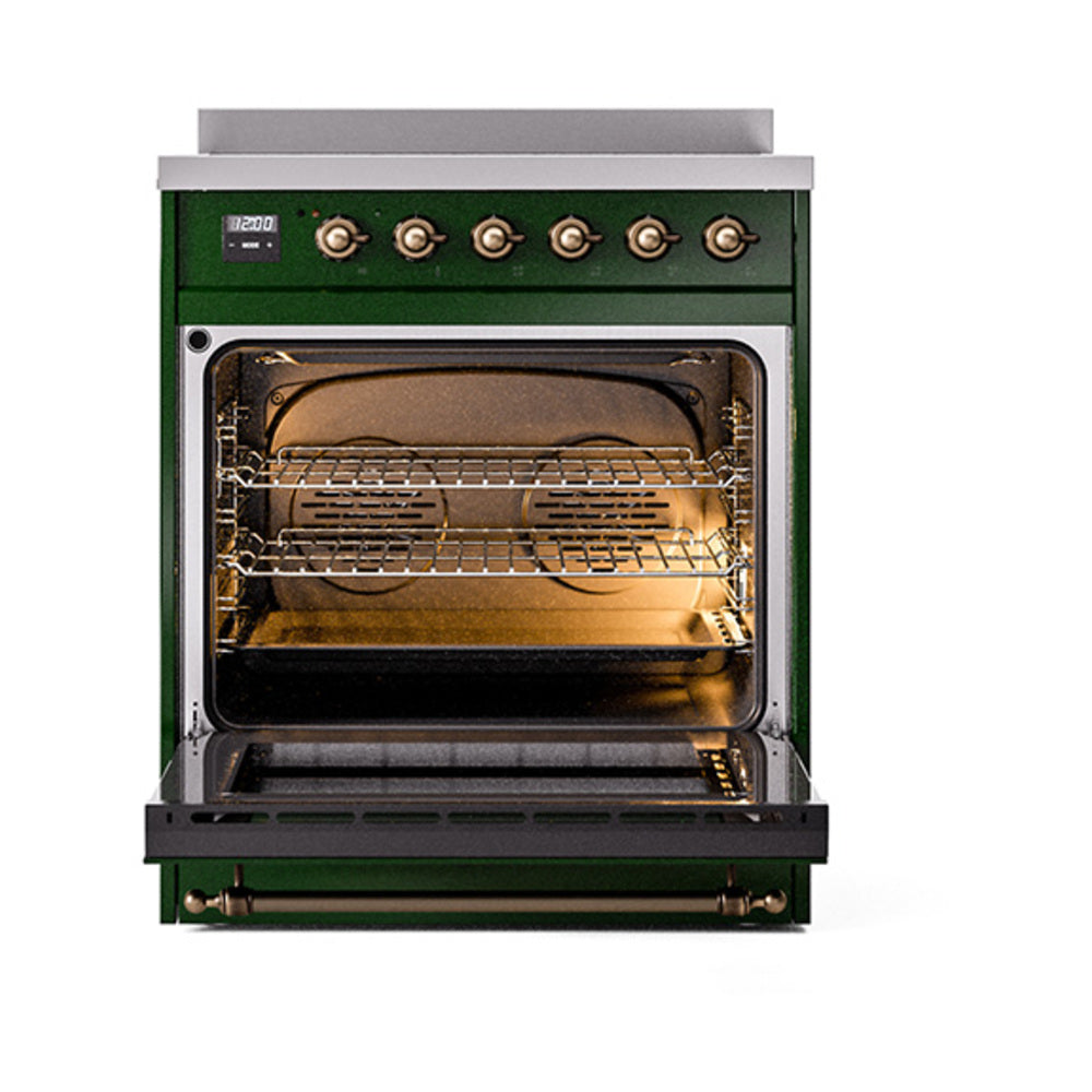 ILVE 30-Inch Nostalgie II Induction Range with Solid Door Oven in Emerald Green with Burnished Bronze Trim (UPI304QNMPEGB)