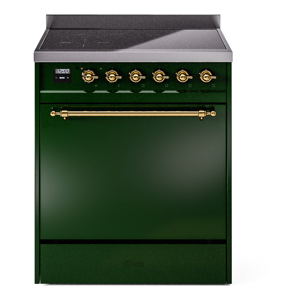 ILVE 30-Inch Nostalgie II Induction Range with Solid Door Oven in Emerald Green with Brass Trim (UPI304QNMPEGG)