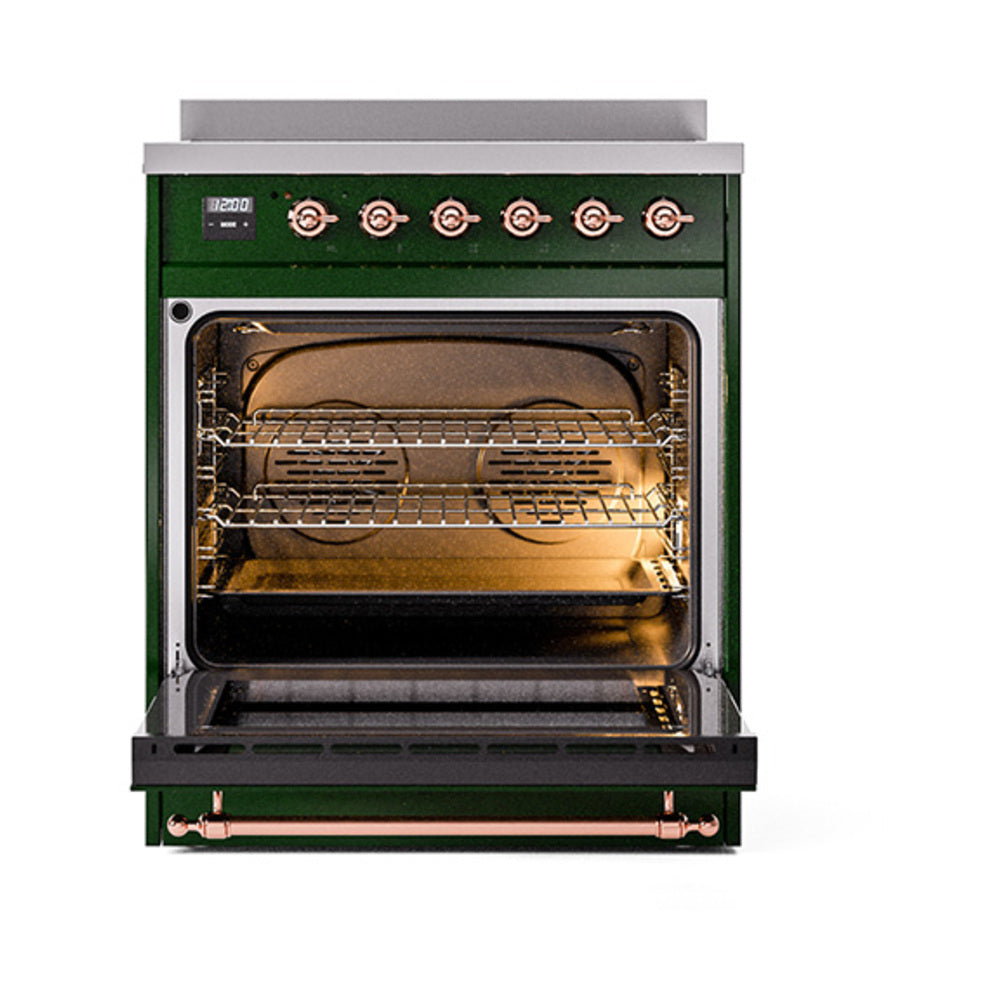 ILVE 30-Inch Nostalgie II Induction Range with Solid Door Oven in Emerald Green with Copper Trim (UPI304QNMPEGP)