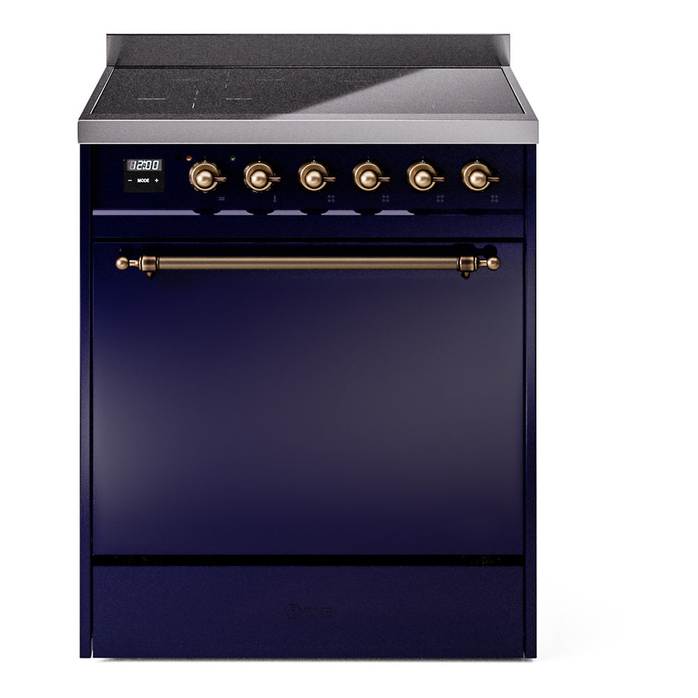 ILVE Nostalgie II 30-Inch Induction Range, Solid Door Oven, Midnight Blue with Burnished Bronze Trim (UPI304QNMPMBB)