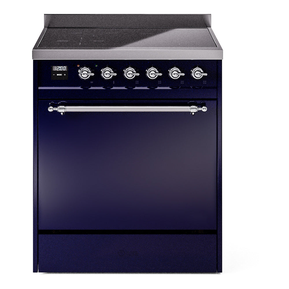 ILVE Nostalgie II 30-Inch Induction Range, Solid Door Oven, Midnight Blue with Chrome Trim (UPI304QNMPMBC)