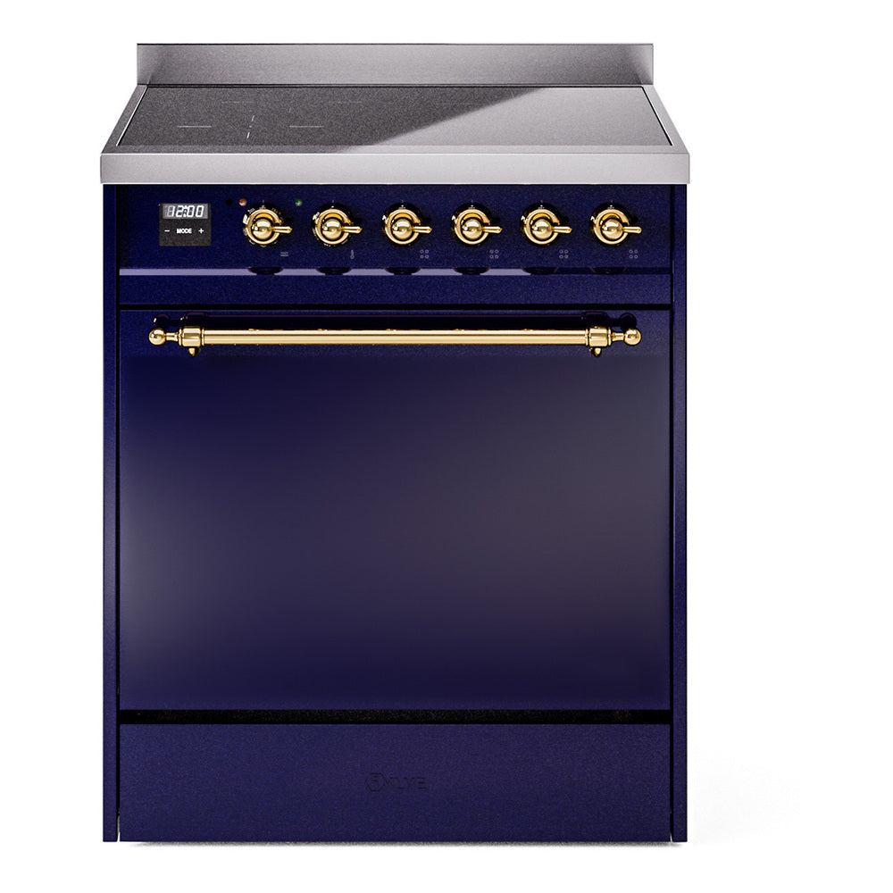ILVE Nostalgie II 30-Inch Induction Range, Solid Door Oven, Midnight Blue with Brass Trim (UPI304QNMPMBG)