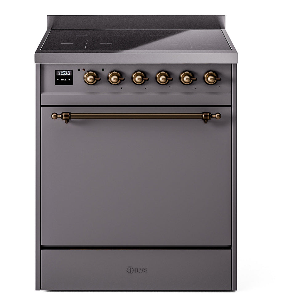 ILVE Nostalgie II 30-Inch Induction Range, Solid Door Oven, Matte Graphite with Burnished Bronze Trim (UPI304QNMPMGB)