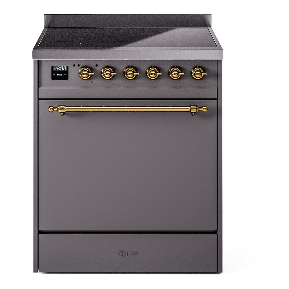ILVE Nostalgie II 30-Inch Induction Range, Solid Door Oven, Matte Graphite with Brass Trim (UPI304QNMPMGG)