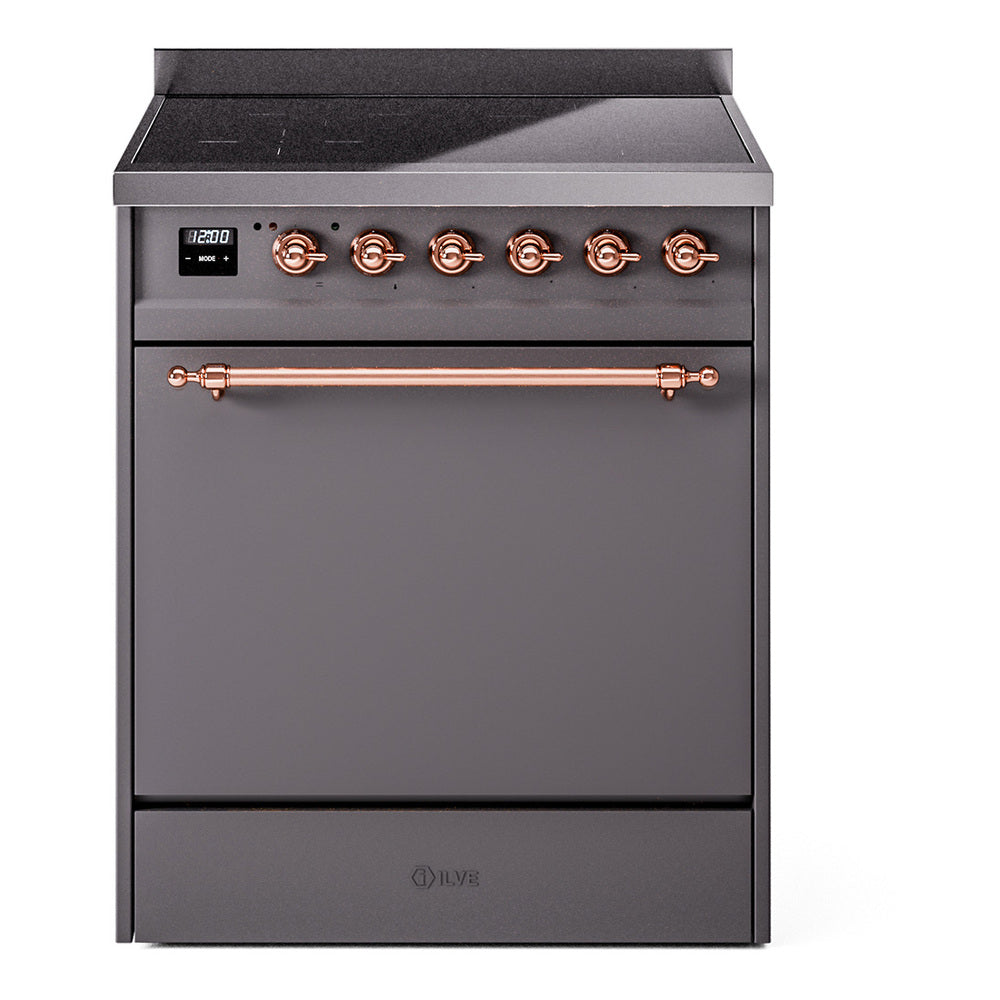 ILVE Nostalgie II 30-Inch Induction Range, Solid Door Oven, Matte Graphite with Copper Trim (UPI304QNMPMGP)