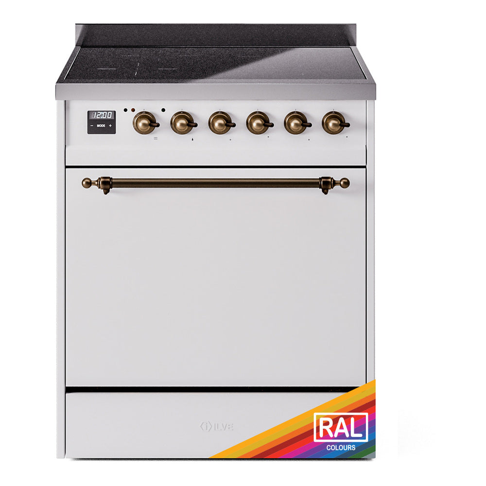 ILVE 30-Inch Nostalgie II Induction Range with Solid Door Oven in Custom RAL in Burnished Bronze Trim (UPI304QNMPRAB)