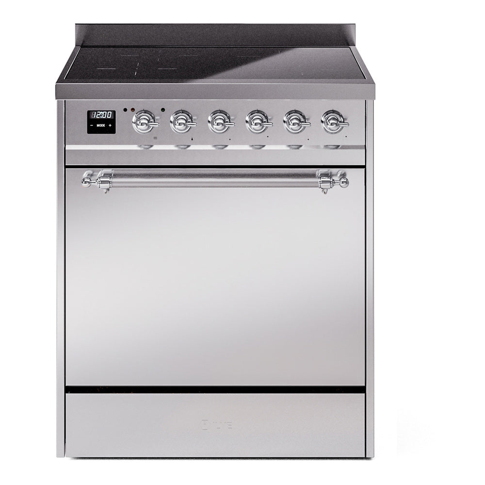 ILVE Nostalgie II 30-Inch Induction Range, Solid Door Oven, Stainless Steel with Chrome Trim (UPI304QNMPSSC)