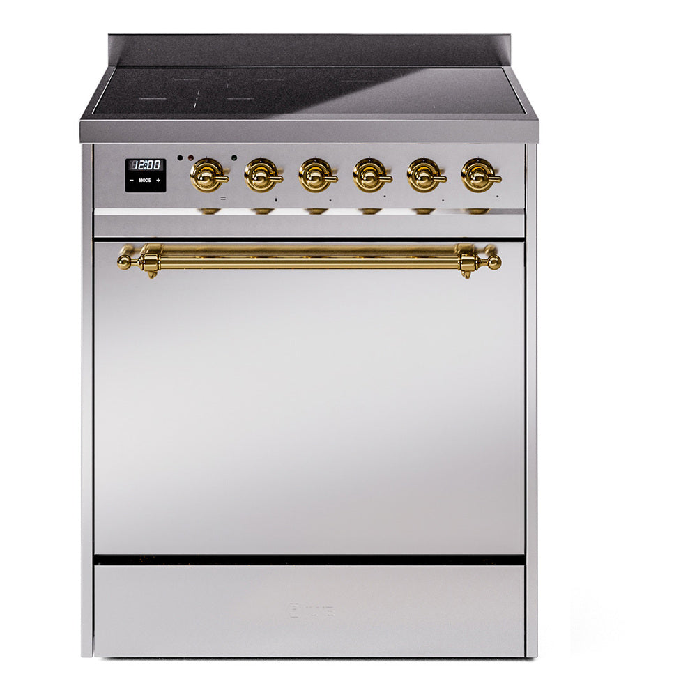 ILVE Nostalgie II 30-Inch Induction Range, Solid Door Oven, Stainless Steel with Brass Trim (UPI304QNMPSSG)
