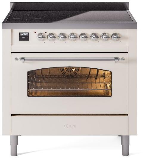 ILVE Nostalgie II 36-Inch Freestanding Electric Induction Range, Antique White with Chrome Trim (UPI366NMPAWC)