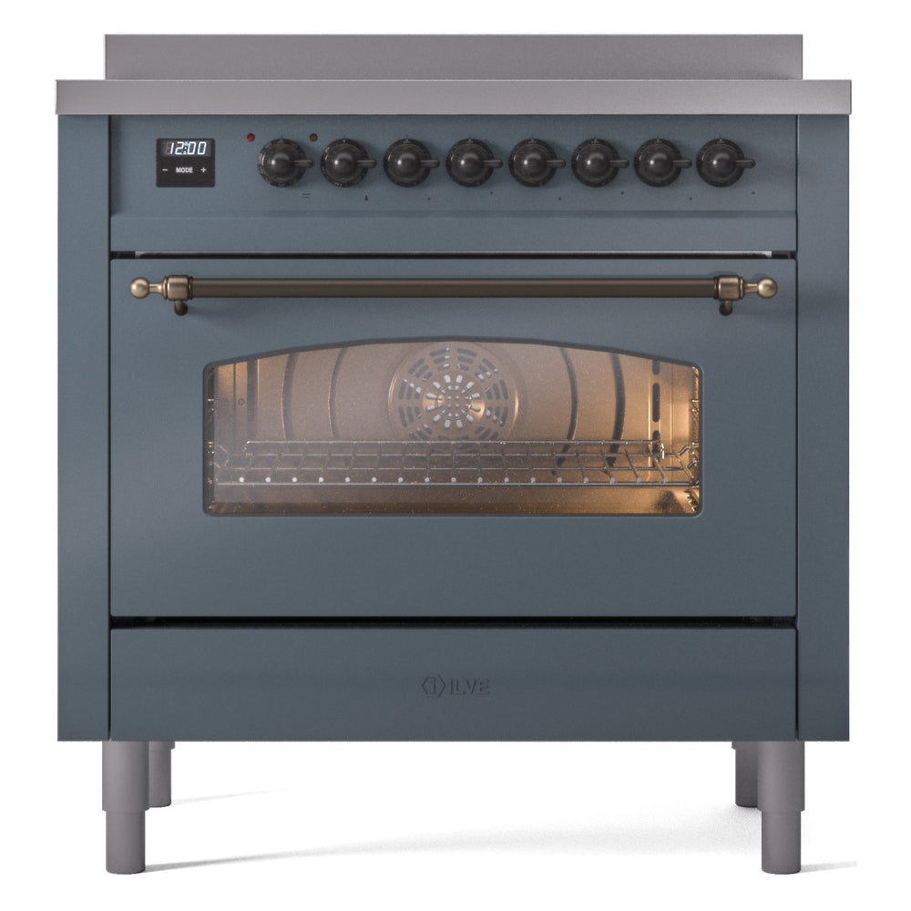 ILVE Nostalgie II 36-Inch Freestanding Electric Induction Range, Blue Grey with Burnished Bronze Trim (UPI366NMPBGB)