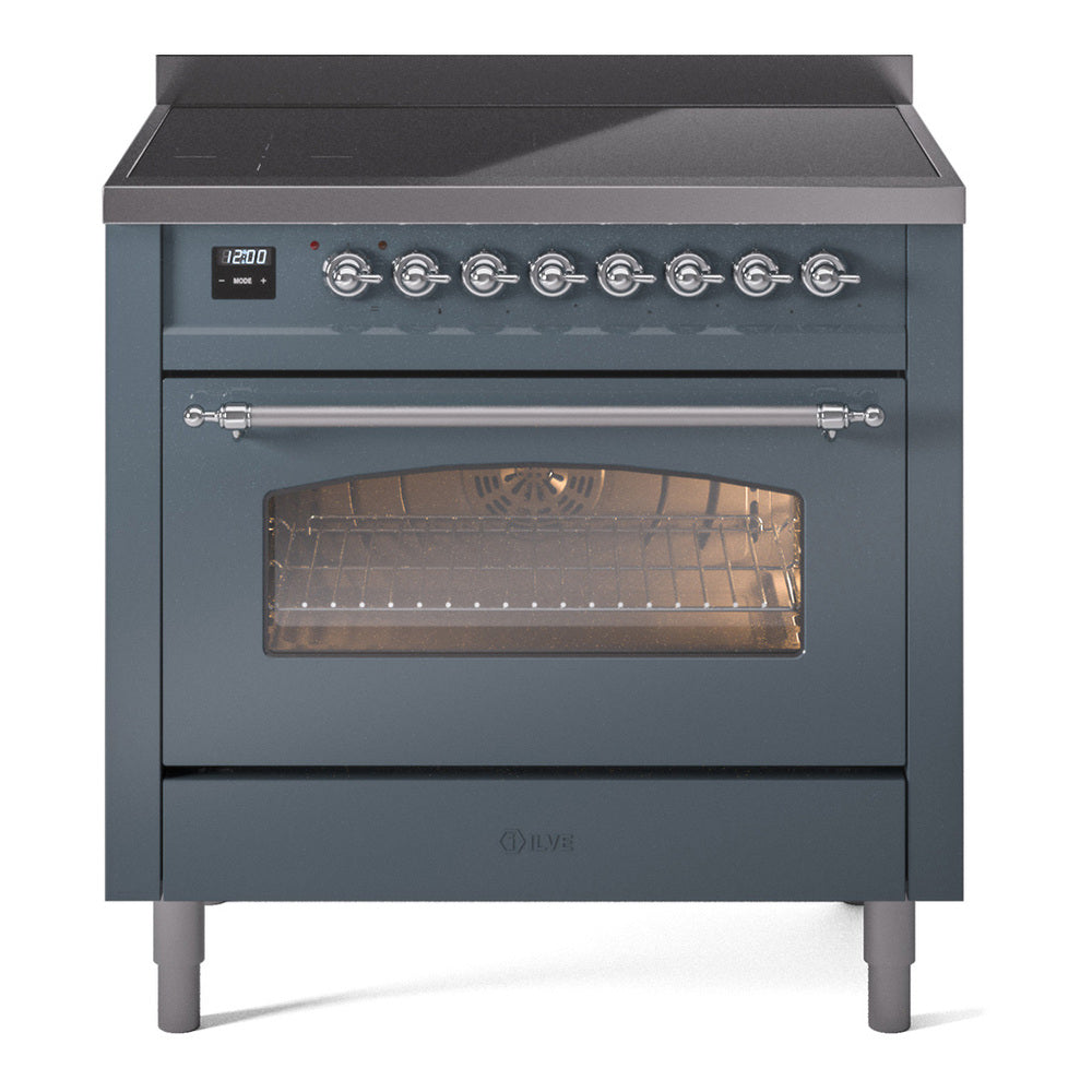 ILVE Nostalgie II 36-Inch Freestanding Electric Induction Range, Blue Grey with Chrome Trim (UPI366NMPBGC)