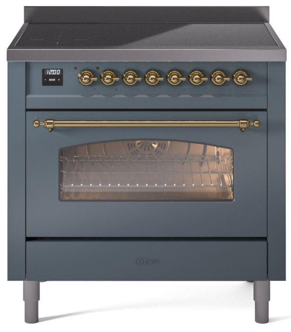 ILVE Nostalgie II 36-Inch Freestanding Electric Induction Range, Blue Grey with Brass Trim (UPI366NMPBGG)