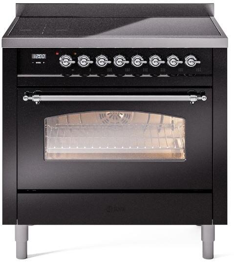 ILVE Nostalgie II 36-Inch Freestanding Electric Induction Range, Glossy Black with Chrome Trim (UPI366NMPBKC)