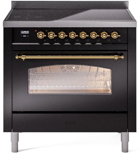 ILVE Nostalgie II 36-Inch Freestanding Electric Induction Range, Glossy Black with Brass Trim (UPI366NMPBKG)