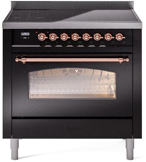 ILVE Nostalgie II 36-Inch Freestanding Electric Induction Range, Glossy Black with Copper Trim (UPI366NMPBKP)