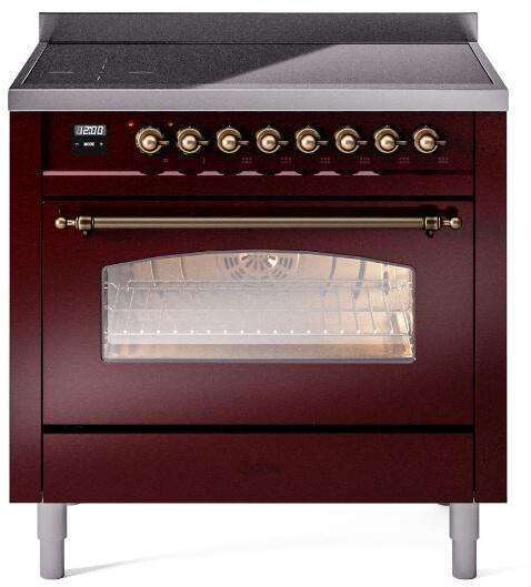 ILVE Nostalgie II 36-Inch Freestanding Electric Induction Range, Burgundy with Burnished Bronze Trim (UPI366NMPBUB)