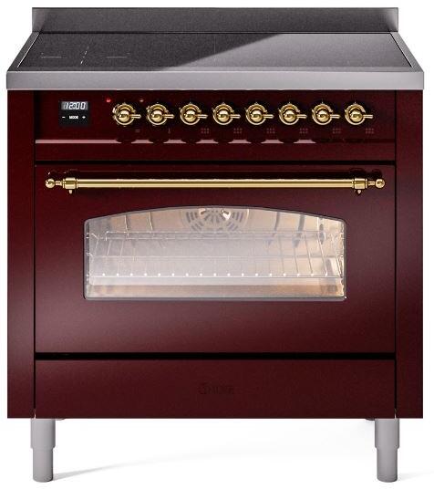 ILVE Nostalgie II 36-Inch Freestanding Electric Induction Range, Burgundy with Brass Trim (UPI366NMPBUG)