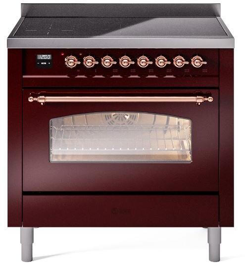 ILVE Nostalgie II 36-Inch Freestanding Electric Induction Range, Burgundy with Copper Trim (UPI366NMPBUP)