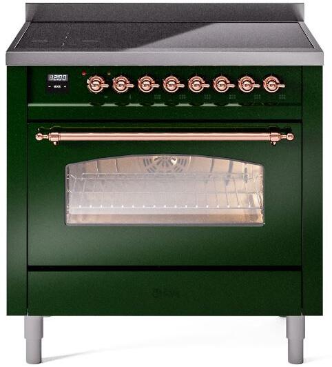 ILVE Nostalgie II 36-Inch Freestanding Electric Induction Range, Emerald Green with Copper Trim (UPI366NMPEGP)