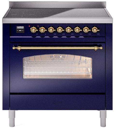 ILVE Nostalgie II 36-Inch Freestanding Electric Induction Range, Midnight Blue with Brass Trim (UPI366NMPMBG)