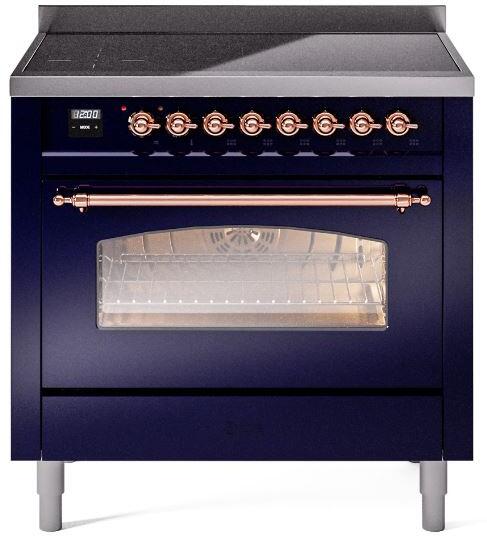 ILVE Nostalgie II 36-Inch Freestanding Electric Induction Range, Midnight Blue with Copper Trim (UPI366NMPMBP)