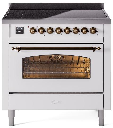 ILVE Nostalgie II 36-Inch Freestanding Electric Induction Range, White with Burnished Bronze Trim (UPI366NMPWHB)